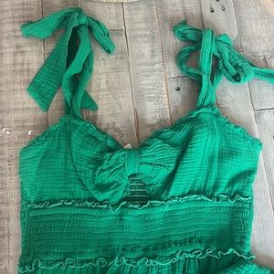 Green pants romper with should ties, worn one time and hand washed